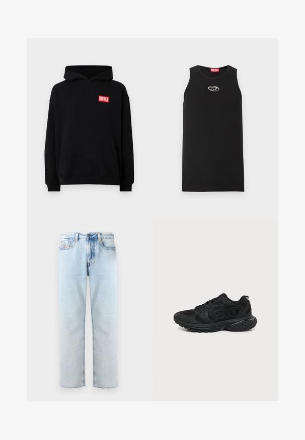 Sudadera negra con capucha y bolsillo frontal, con un logo rectangular rojo de "DIESEL". Hecha de una tela suave con puños acanalados.; Camiseta sin mangas negra hecha de algodón. Presenta un escote redondo y un pequeño logo blanco de Diesel en el pecho. Textura suave.; Jeans de mezclilla azul claro con un diseño de pierna recta, estilo de cinco bolsillos y un ligero desgaste. Cuenta con un cierre de botón y un lazo para cinturón.; Zapatilla deportiva negra con parte superior de malla, cuello acolchado, suela gruesa acolchada y cierre de cordones, mostrada de perfil sobre fondo blanco.