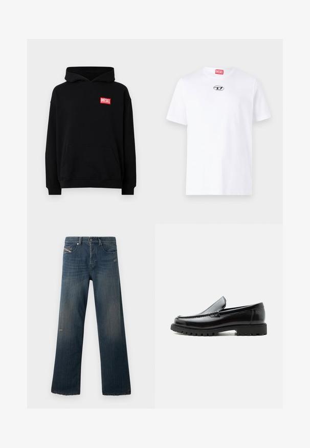 Musta kapuutsiga sviiter eespoole taskuga, millel on punane ristkülikukujuline "DIESEL" logo. Valmistatud pehmest kangast, millel on soonikkoes mansetid.; Valge puuvillane t-särk lühikeste varrukatega, ümmarguse kaelusega ja hõbedase Diesel logo riidega rinnal. Lihtne disain, ühevärviline.; Sinine teksapükside disain sirgete jalgadega, pleekinud tekstuur, kulunud äär ja kulunud detailid esirahal ja reieosas.; Mustast nahast loafers, millel on robustne kummist tald, õmmeldud pealne ja reljeefsete tähtedega brändinimi kannal, külgvaates valgel taustal.
