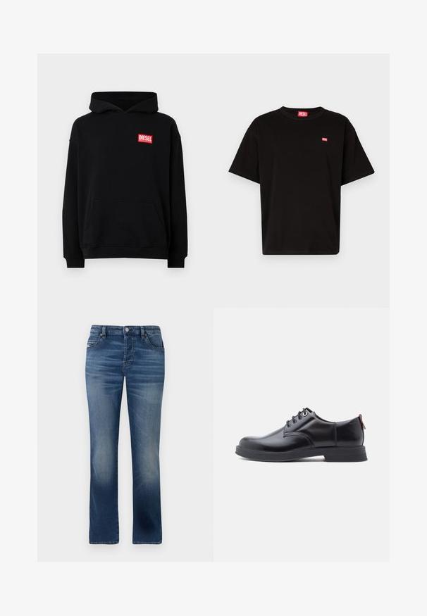 Sweatshirt noir à capuche avec une poche frontale, présentant un logo rectangulaire rouge "DIESEL". Fabriqué en tissu doux avec des poignets côtelés.; T-shirt en coton noir avec un col rond, des manches courtes et un petit logo Diesel rouge sur la poitrine. Ourlet droit, design minimaliste.; Jeans en denim bleu foncé avec une coupe droite, dotés de poches avant, d'un léger délavage et d'une fermeture à bouton classique à la taille.; Chaussures en cuir noir à lacets avec une texture lisse, un bout arrondi et des détails de couture discrets. Présentent une languette rouge à l'arrière.