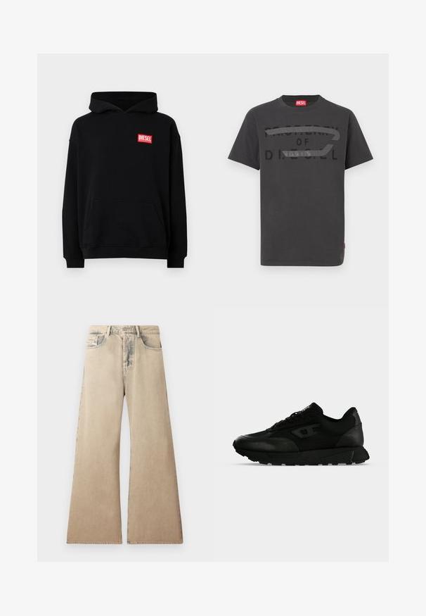 Zwart hoodie met een voorzak, met een rood rechthoekig "DIESEL" logo. Gemaakt van zachte stof met geribbelde mouwen.; Grijze katoenen t-shirt met vetgedrukte zwarte tekst "EIGENDOM VAN D.I.E.S.E.L.", met een gladde textuur en korte mouwen.; Beige wijde jeans met vervaagde textuur, vijf-pocket ontwerp en gestikte details langs de naden. De taille heeft een traditionele knoopsluiting.; Zwarte lage sneaker met gestructureerd leer en stoffen panelen, vetersluiting en dikke rubberen zool op een effen lichte achtergrond.
