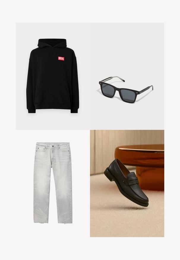 Zwart hoodie met een voorzak, met een rood rechthoekig "DIESEL" logo. Gemaakt van zachte stof met geribbelde mouwen.; Lichtgrijze jeans met rechte pijp, vijf zakken, knoop- en ritsluiting en het Calvin Klein-logo op het kleine voorzakje.; Zwarte leren herensloffen met een band over de bovenkant, getoond op een beige tapijt vlakbij een bruine moderne ronde tafel.; Zwarte vierkante zonnebril met donkere lenzen, kunststof montuur, metalen accenten en ondertekend logo op de poot. Strak ontwerp met een moderne uitstraling.