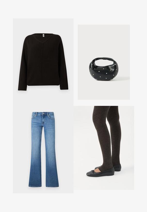 Pull noir en V en tricot doux et texturé. Doté de manches longues avec des bords côtelés et une couture centrale subtilement brodée. Coupe décontractée.; Jean flare bleu clair en denim. Comprend un design à cinq poches, une fermeture par bouton métallique et un léger délavage près des genoux.; Jambes portant des leggings côtelés foncés associés à des ballerines noires avec de petits détails en nœud sur fond blanc.; Sac à main en cuir noir de forme arrondie, décoré de clous argentés et équipé d'une poignée courte. Texture lisse et fermeture éclair.
