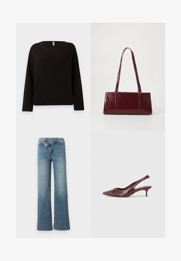 Sort v-hals sweater i et blødt, tekstureret strik. Har lange ærmer med ribbede manchetter og en subtilt syet midtersøm. Løs pasform.; Lyseblå denim jeans med vide ben og høj talje, let falmet effekt og knaplukning foran. Har fem lommer og minimal syning.; Bordeaux læder slingback hæl med spidse tå, justerbar rem og dekorativ sløjfedetalje foran. 7,5 cm hælhøjde.; Bordeaux håndtaske lavet af glansfuldt materiale, rektangulær form, med to skulderremme og subtile buede detaljer på forsiden.