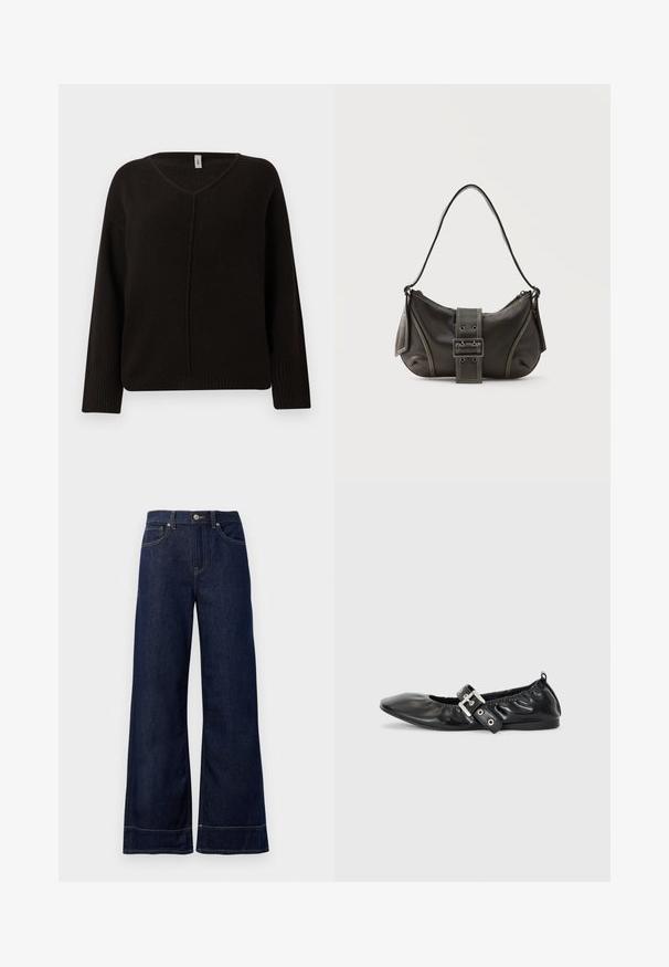 Pull noir en V en tricot doux et texturé. Doté de manches longues avec des bords côtelés et une couture centrale subtilement brodée. Coupe décontractée.; Jean large bleu foncé en denim. Caractéristiques : fermeture par bouton, détails de couture et poches latérales. Ourlet évasé en bas.; Chaussure plate en cuir noir avec un nez pointu, des détails froncés autour de l'ouverture et un accent en boucle argentée sur la bride ajustable.; Sac à épaule en cuir noir avec une sangle à boucle, des bords arrondis et des coutures blanches contrastées sur un fond uni.