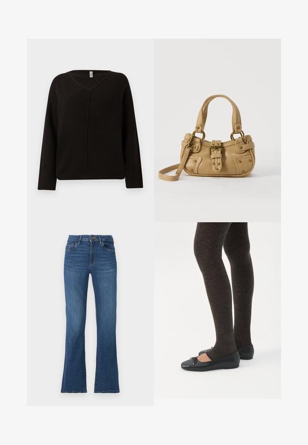 Sort v-hals sweater i et blødt, tekstureret strik. Har lange ærmer med ribbede manchetter og en subtilt syet midtersøm. Løs pasform.; Udsvingende blå denimjeans med høj talje, fem lommer og kontrastfarvet syning. Med knap- og lynlåslukning, let slidt tekstur.; Ben iført mørke ribbede leggings kombineret med sorte balletsko med små sløjfedetaljer på hvid baggrund.; Beige læderhåndtaske med dobbelte håndtag, messing spænde og nitte detaljer samt en justerbar skulderrem mod en hvid baggrund.