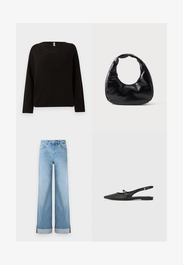 Sort v-hals sweater i et blødt, tekstureret strik. Har lange ærmer med ribbede manchetter og en subtilt syet midtersøm. Løs pasform.; Lyseblå, vide jeans i klassisk denim med høj talje, prydet med opbrettede kanter og synlig søm.; Sorte læder slingback-sko med spids tå, med en smal rem og en sølvspænde-detalje på siden. Flad sål.; Sort faux læder håndtaske med en unik halvmåneform, et bredt, polstret håndtag og en lynlåslukning. Glat, blank tekstur og minimalistisk design.