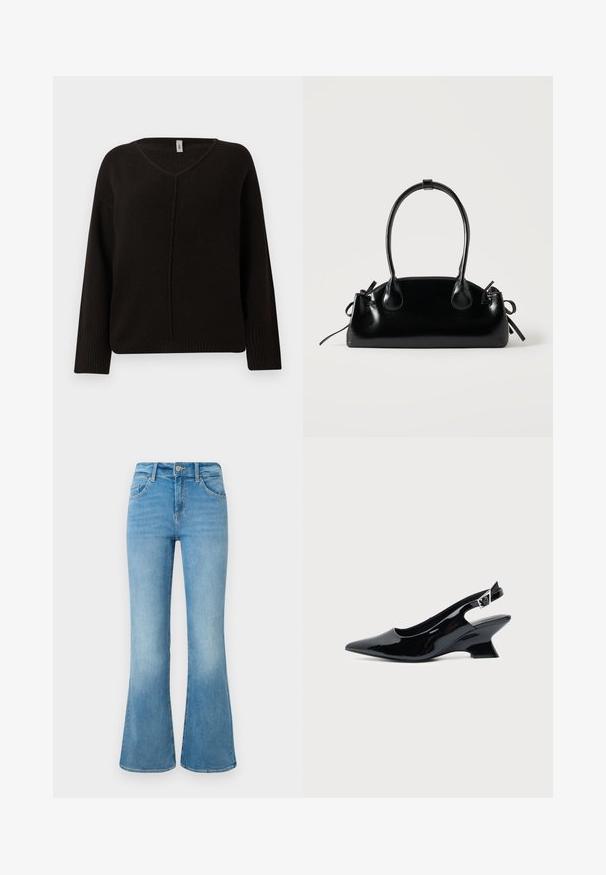 Sort v-hals sweater i et blødt, tekstureret strik. Har lange ærmer med ribbede manchetter og en subtilt syet midtersøm. Løs pasform.; Lyseblå denim flare jeans med forlommer, bæltestropper og knaplukning mod en hvid baggrund.; Sort laklæder slingback sko med spids tå og lav vinklet blokhæl på ensartet lys baggrund.; Lille sort blank håndtaske med to lange håndtag og snøre-detaljer i siden på en ensfarvet lys baggrund.