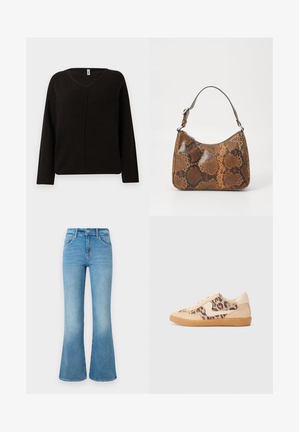 Sort v-hals sweater i et blødt, tekstureret strik. Har lange ærmer med ribbede manchetter og en subtilt syet midtersøm. Løs pasform.; Lyseblå denim flare jeans med forlommer, bæltestropper og knaplukning mod en hvid baggrund.; Leopardprint sneakers med beige ruskindsoverdel, tan gummisål og hvide detaljer. Rund pegefinger og snørebåndsdesign med en tekstureret finish.; Lille håndtaske med brun og sort slangeskinn mønster, kort justerbar rem og lynlåslukning.