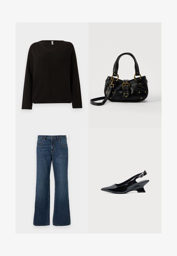 Sort v-hals sweater i et blødt, tekstureret strik. Har lange ærmer med ribbede manchetter og en subtilt syet midtersøm. Løs pasform.; Mørkeblå jeans med vide ben og klassisk design med fem lommer, der har knaplukning og diskret falming. Fremstillet af denimstof.; Sort laklæder slingback sko med spids tå og lav vinklet blokhæl på ensartet lys baggrund.; Sort læderhåndtaske med guldbælge og nitdetaljer, korte håndtag og en justerbar skulderrem på en ensfarvet hvid baggrund.