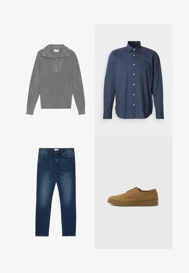 Grå ribbet sweater med lynlås på kvart-kraven, lange ærmer og struktureret strik. Ingen synlige logoer eller mønstre.; Mørkeblå skjorte med lange ærmer, lille ternet mønster, enkelt brystlomme og hvide knapper på en ensfarvet baggrund.; Mørkeblå slim-fit jeans med falmede detaljer, klassisk fem-lomme design, knappelukning og bæltestropper.; Brun ruskindslærredsko med snørebånd og flad gummisål, set fra siden på en ensfarvet lys baggrund.