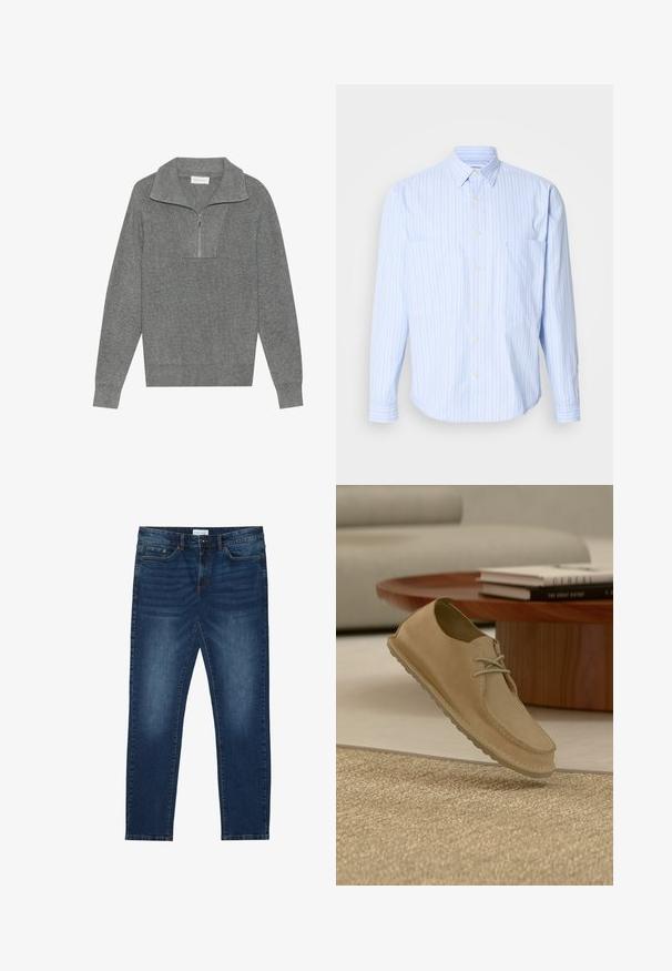 Grå ribbet sweater med lynlås på kvart-kraven, lange ærmer og struktureret strik. Ingen synlige logoer eller mønstre.; Lyseblå skjorte med knapper og lodrette striber i hvid og pastel farver, blødt bomuldsstof, to brystlommer og lange ærmer.; Mørkeblå slim-fit jeans med falmede detaljer, klassisk fem-lomme design, knappelukning og bæltestropper.; Beige ruskindslignende snøresko, der svæver over et struktureret tæppe i en moderne stue med et træ-sofabord og bøger.