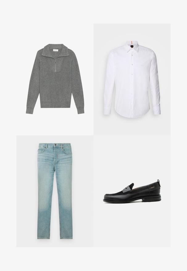 Pull en maille côtelée gris avec col zippé quart, manches longues et tissu en tricot texturé. Pas de logos ou motifs visibles.; Chemise blanche à manches longues et à boutons en coton, avec un col classique, un logo discret près de la poitrine et des boutons blancs.; Jean en denim bleu clair avec une coupe droite, présentant un délavage, un design à cinq poches et une fermeture à bouton sur le devant.; Mocassin en cuir noir avec détail de bride grise, talon bas et semelle texturée, marqué "HUGO" en or sur le côté.