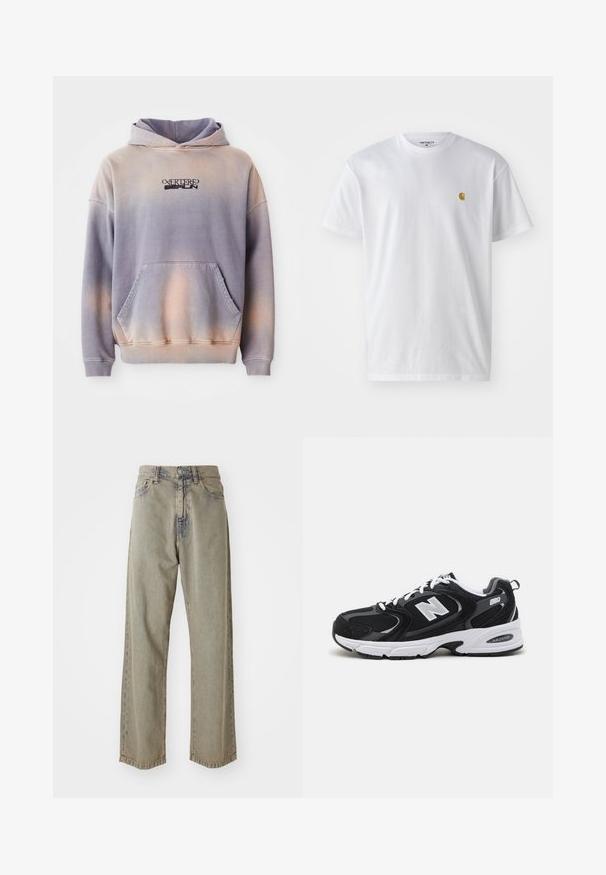 Kapuzensweatshirt in lila und pfirsichfarbenem Verlauf, aus weichem Stoff. Verfügt über eine Vordertasche und schwarze Logodetails auf der Brust.; Weißes Baumwoll-T-Shirt mit kurzen Ärmeln, Rundhalsausschnitt, mit einem kleinen goldenen Logo im linken Brustbereich. Weicher Stoff und normale Passform.; Helle graue, weit geschnittene Jeans aus Denim, mit einer ausgebleichtenen Textur, sichtbaren Nähten und traditionellem Knopf- und Reißverschluss.; Schwarze und graue Sportschuhe mit Obermaterial aus Mesh und Wildleder, ausgestattet mit einer weißen Zwischensohle, Schnürsenkeln und einem markanten "N"-Logo an der Seite.