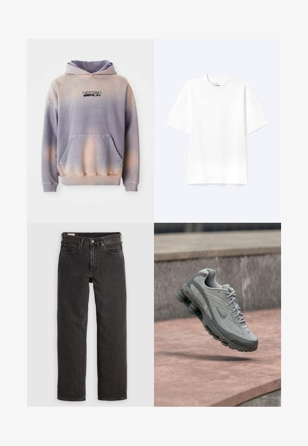 Kapuzensweatshirt in lila und pfirsichfarbenem Verlauf, aus weichem Stoff. Verfügt über eine Vordertasche und schwarze Logodetails auf der Brust.; Schlichtes weißes T-Shirt mit kurzen Ärmeln und Rundhalsausschnitt in entspannter Passform, auf hellem Hintergrund dargestellt.; Schwarze Jeans aus Denim mit geradem Bein, fünf Taschen und metallischen Beschlägen. Der Stoff hat eine leichte Textur und eine einfarbige Oberfläche.; Grau-weißer Nike-Sneaker, der über einer Steinstufe schwebt, mit sichtbarer Luftdämpfung und strukturiertem Sohlenprofil.