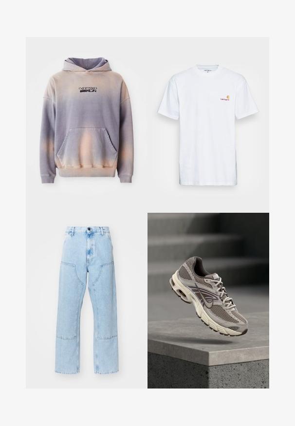 Hætte sweatshirt i lilla og fersken gradient, lavet af blødt stof. Har en frontlomme og logo detaljering i sort på brystet.; Hvid bomulds t-shirt med korte ærmer. Designet med et lille orange og maroon logo på venstre bryst. Har en klassisk rund hals.; Lyseblå, lige ben denim jeans med store forlommer og kontraststing. Stoffet har en lysnet, blød tekstur.; Grå og beige Nike løbesko, der svæver i luften over en betonkant med slørede trapper i baggrunden.