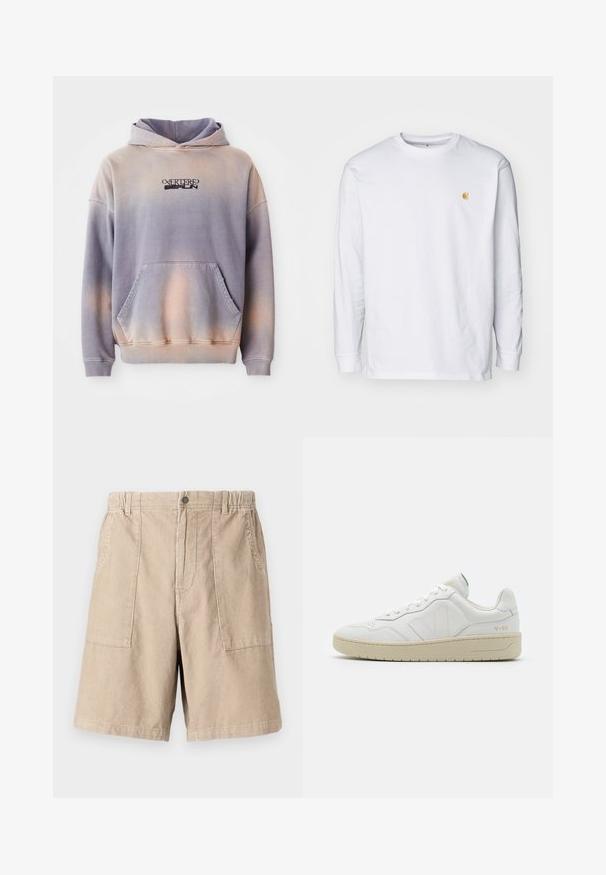 Kapuzensweatshirt in lila und pfirsichfarbenem Verlauf, aus weichem Stoff. Verfügt über eine Vordertasche und schwarze Logodetails auf der Brust.; Weißes Langarm-T-Shirt aus Baumwolle. Mit kleinem goldenem Logo auf der Brust und Rundhalsausschnitt. Einfaches Design und normale Passform.; Beige Corduroy-Shorts aus strukturiertem Stoff, mit zwei seitlichen Taschen, elastischem Bund und einem einzigen Knopfverschluss.; Weiße Leder-Sneaker mit strukturierter Oberfläche und gepolstertem Kragen. Sie verfügen über eine beigen Gummisohle und dezente Markenkennzeichnung an der Ferse und an der Seite.