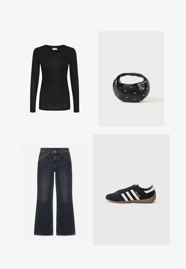 T-shirt noir à manches longues en matériau léger et transparent. Doté d'un décolleté rond et d'une silhouette cintrée avec un ourlet droit.; Jean en denim noir à taille haute, fermeture par bouton et zip, poches avant, et coupe légèrement évasée au bas des jambes.; Baskets en daim noir avec trois bandes blanches, semelle en caoutchouc beige, et un petit logo doré sur le côté. Dotées d'une doublure intérieure noire lisse.; Sac à main en cuir noir de forme arrondie, décoré de clous argentés et équipé d'une poignée courte. Texture lisse et fermeture éclair.