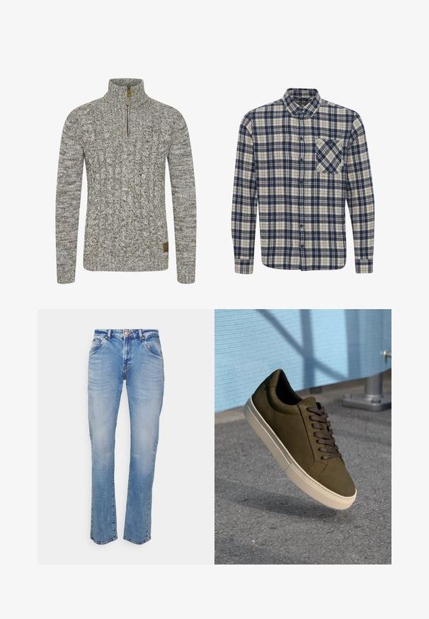 Sudadera de punto trenzado en un tono gris-verde apagado, con un cuello de medio cremallera y un patrón de tejido texturizado. Parche de logo marrón en el dobladillo.; Camisa de franela con botones en un patrón de cuadros azul marino y crema, con un cuello puntiagudo y un bolsillo en el pecho.; LTB HOLLYWOOD - Vaqueros rectos - undamaged wash; Zapatilla de ante verde oliva oscuro con cordones marrones, suela de goma color crema, punta redonda y textura suave sobre un fondo de pavimento gris.