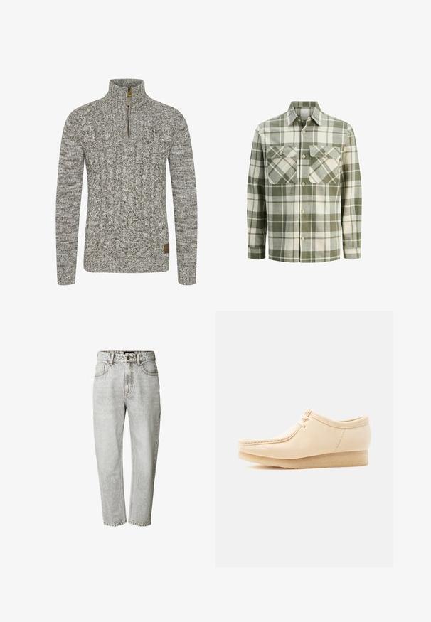 Sudadera de punto trenzado en un tono gris-verde apagado, con un cuello de medio cremallera y un patrón de tejido texturizado. Parche de logo marrón en el dobladillo.; Camisa de cuadros verde y blanca con mangas largas, dos bolsillos en el pecho, diseño abotonado y cuello. El textil parece suave y tejido.; Vaqueros de mezclilla color gris claro con un ajuste relajado, cintura alta, cinco bolsillos y un sutil desgaste. Costuras distintivas a lo largo de las uniones.; Zapato beige de ante con cordones, suela de crepé, costura tipo mocasín en la punta y tacón cuña bajo, mostrado desde el lado exterior sobre un fondo liso.