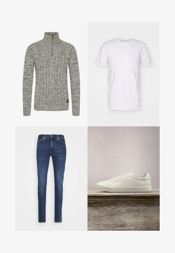 Sudadera de punto trenzado en un tono gris-verde apagado, con un cuello de medio cremallera y un patrón de tejido texturizado. Parche de logo marrón en el dobladillo.; Selected SLHASPEN SLUB TEE - Camiseta básica - bright white; Jeans ajustados de color azul oscuro con botón frontal y cremallera, diseño de cinco bolsillos y un ligero desgaste en los muslos y las rodillas.; Zapatilla blanca con cordones flotando sobre un banco de madera con follaje verde al fondo, mostrando el diseño y la textura del zapato.