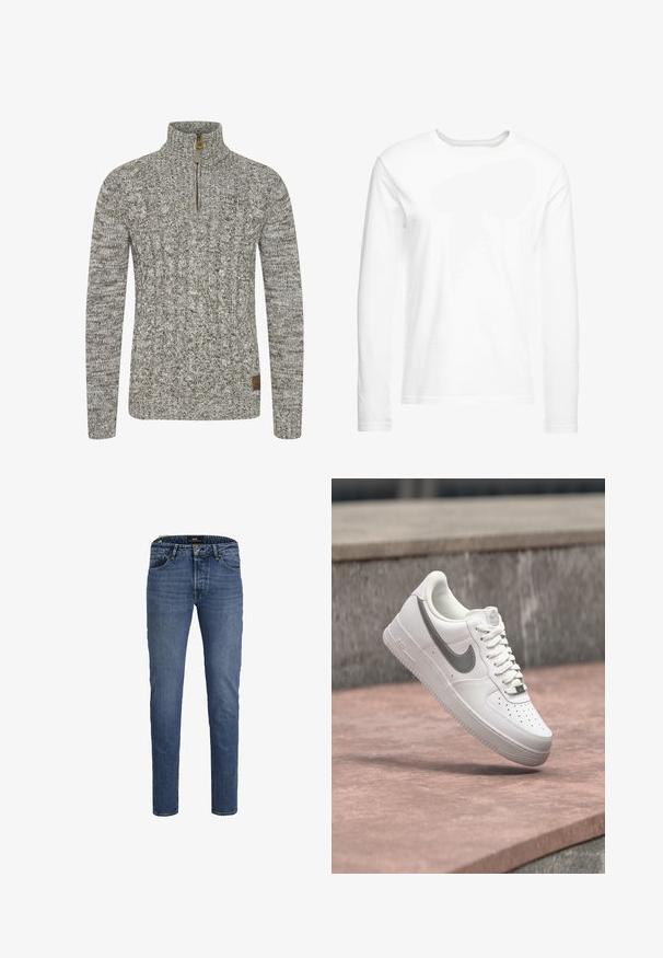 Sudadera de punto trenzado en un tono gris-verde apagado, con un cuello de medio cremallera y un patrón de tejido texturizado. Parche de logo marrón en el dobladillo.; Camiseta blanca de manga larga hecha de algodón suave. Cuello redondo con dobladillos rectos y sin patrones ni gráficos visibles.; Jeans de mezclilla azul con un corte ajustado, cinco bolsillos y cierre de cremallera. Presenta una sutil textura desgastada y un detalle de botón de metal marrón.; Zapatilla blanca Nike Air Force 1 con logo swoosh gris flotando sobre una superficie de piedra y un fondo de pared de piedra gris.