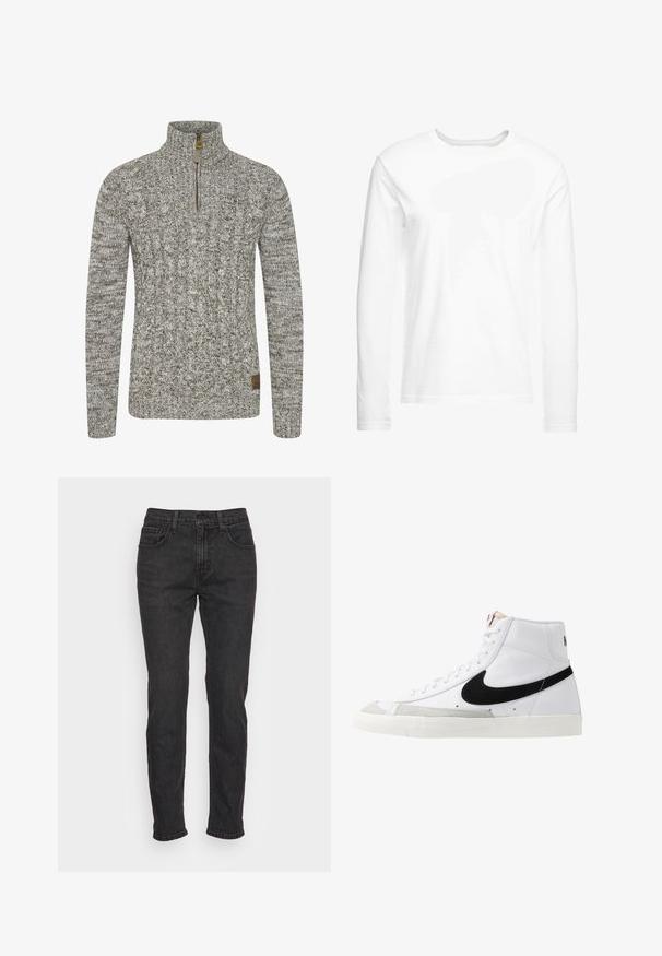 Sudadera de punto trenzado en un tono gris-verde apagado, con un cuello de medio cremallera y un patrón de tejido texturizado. Parche de logo marrón en el dobladillo.; Camiseta blanca de manga larga hecha de algodón suave. Cuello redondo con dobladillos rectos y sin patrones ni gráficos visibles.; Vaqueros de mezclilla negra con un corte ajustado, que cuentan con cinco bolsillos, trabillas para cinturón y detalles de costura sutiles. Textura desgastada a lo largo de la tela.; Zapatillas altas blancas con un swoosh negro, una puntera texturizada en gris y suela plana blanca. Presenta seis ojales y acentos cosidos.
