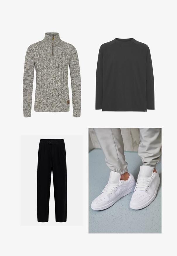 Sudadera de punto trenzado en un tono gris-verde apagado, con un cuello de medio cremallera y un patrón de tejido texturizado. Parche de logo marrón en el dobladillo.; Camiseta de manga larga gris oscuro con cuello redondo, mangas raglán y un corte holgado. Fabricada en suave algodón con dobladillos cosidos y etiqueta de logo.; Pantalones negros de pierna recta con cintura elástica, cierre con botón, pliegues delanteros y bolsillos laterales sobre fondo liso.; Las zapatillas deportivas de cuero blanco cuentan con una caja de dedos perforada, cordones planos, un cuello acolchado y el logo de Jordan en la lengüeta. Las llevan puestas con pantalones joggers grises.