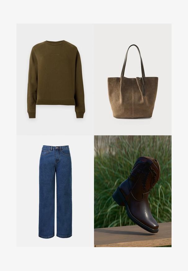 Olivenfarvet sweatshirt lavet af en bomuldsblanding, med ribbet rund hals, lange ærmer og et diskret brandlogo på brystet.; Mørkeblå denim bukser med bred benvidde og høj talje, der har knaplukning, bæltestropper samt for- og baglommer. Glat tekstur.; Mørkebrunt læder cowboystøvle med dekorative sømme, vinklet på en træoverflade med højt græs i baggrunden.; Brun ruskindtaske med lange mørke hanke og en lille vedhæftet mærkat, stående oprejst på en ensfarvet lys baggrund.