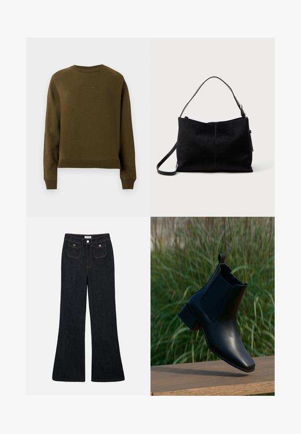 Olivenfarvet sweatshirt lavet af en bomuldsblanding, med ribbet rund hals, lange ærmer og et diskret brandlogo på brystet.; Sorte denim jeans med høj talje, flared ben, to frontlommer og orange syninger. Materialet ser solidt og glat ud.; Sort læderankelstøvle med blokhæl balanceret på træoverflade, grøn baggrund med højt græs.; Sort skuldertaske med en glat, tekstureret overflade, prydet med en enkelt rem og en lynlåslukning øverst. Kompakt rektangulær form.