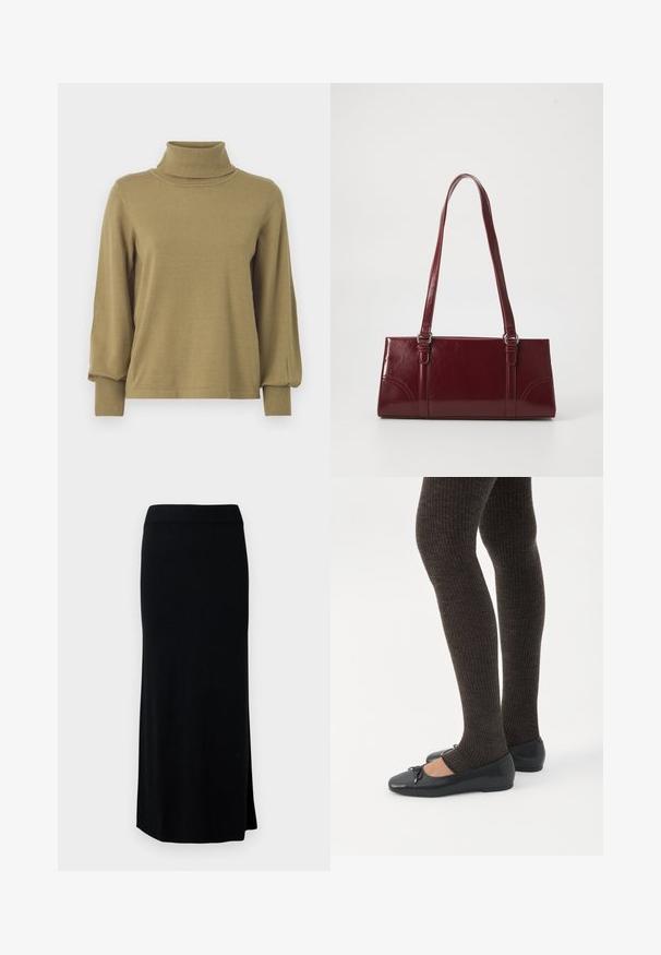 VILA VIAMANDA TURTLE NECK - Striktrøje - gothic olive; Sort, lang, strikket nederdel med en sideslids. Har en strækbar talje og en glat tekstur. Enkel, tætsiddende design. Ingen synlige mønstre eller detaljer.; Ben iført mørke ribbede leggings kombineret med sorte balletsko med små sløjfedetaljer på hvid baggrund.; Bordeaux håndtaske lavet af glansfuldt materiale, rektangulær form, med to skulderremme og subtile buede detaljer på forsiden.