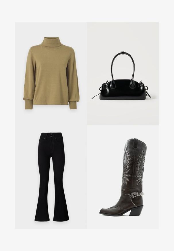 VILA VIAMANDA TURTLE NECK - Pullover - gothic olive; Pepe Jeans FLARE CONTOUR - Jean flare - black denim; Botte de cowboy en cuir noir avec découpes décoratives, boucle argentée et talon incliné, présentée sur fond blanc.; Petit sac à main noir brillant avec deux longues anses et des détails à cordon sur les côtés sur un fond clair uni.