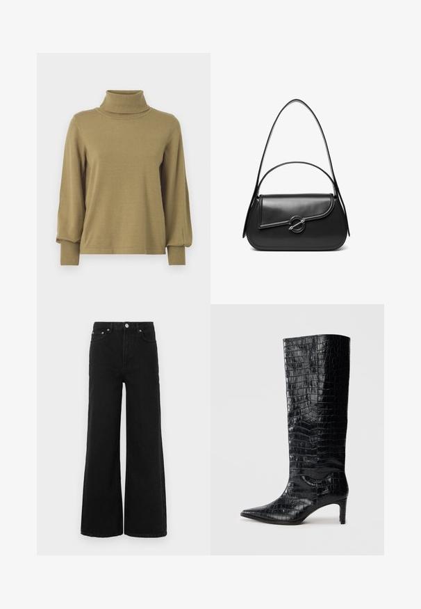 VILA VIAMANDA TURTLE NECK - Πουλόβερ - gothic olive; Μαύρο τζιν με φαρδύ πόδι κατασκευασμένο από denim. Διαθέτει ψηλή μέση, μπροστινές τσέπες και κούμπωμα με κουμπί. Χωρίς ορατά σχέδια ή διακοσμήσεις.; Μαύρες μπότες μέχρι το γόνατο με γυαλιστερή υφή κροκοδείλου, μυτερή μύτη και καμπυλωτό τακούνι. Ομαλό συνθετικό υλικό.; Μαύρη δερμάτινη τσάντα ώμου με καμπυλωτό καπάκι που ασφαλίζει με στρογγυλό μεταλλικό κούμπωμα και λεπτό, ρυθμιζόμενο λουράκι.