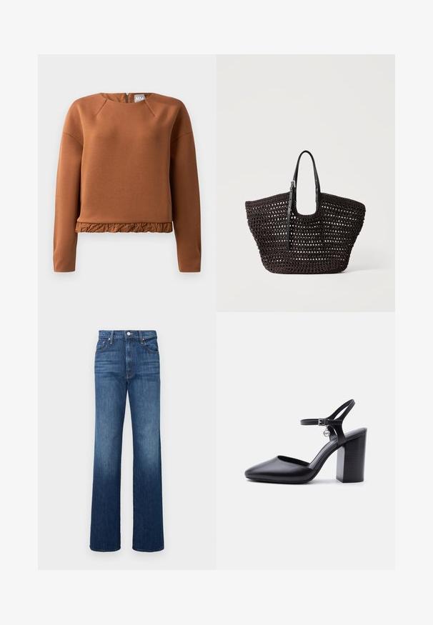 Bruine pullover sweatshirt met ronde halslijn, lange mouwen en een gerimpelde zoom. Gemaakt van gladde stof met een subtiele glans en een ritsluiting aan de achterkant.; Donkerblauwe denim jeans met een hoge taille, rechte pijpen, knoopsluiting en subtiele vervaging vlakbij de knieën.; Zwarte leren hoge hak met puntige neus, blokhak, enkelbandje, gesp en een kleine ronde metalen logohanger op een effen witte achtergrond.; Zwarte geweven draagtasje met open geweven patroon en verstelbare leren schouderriemen, afgebeeld op een effen lichte achtergrond.