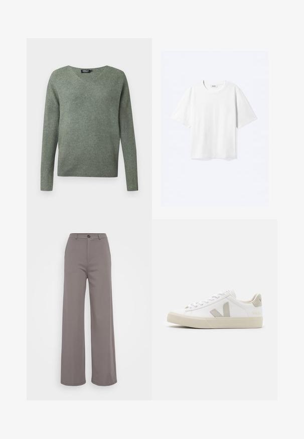 Pull en maille côtelée à manches longues vert foncé, col en V et coupe décontractée, étiquette de marque à l'intérieur du col.; T-shirt blanc à manches courtes avec col rond et ourlet droit, étiquette de marque "WEEKDAY" à l’intérieur de l’encolure.; Pantalons à jambe large en tissu gris doux. Dotés d'une fermeture à bouton et de coutures nettes. Texture lisse sans motifs ni embellissements visibles.; Baskets blanches en cuir avec des accents gris en forme de V, semelle en caoutchouc texturé, lacets blancs, et languette et col rembourrés.