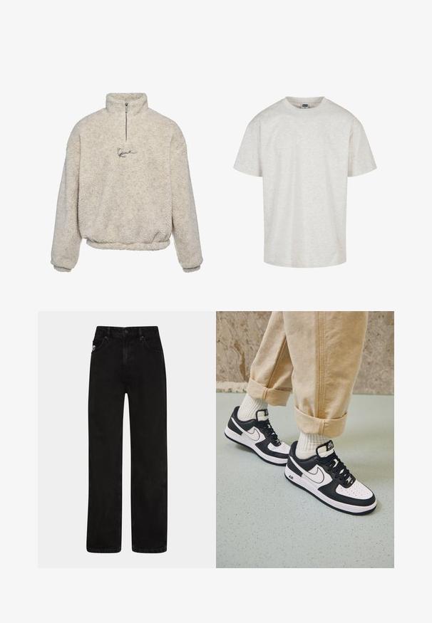 Κρέμα pullover από υφασμάτινη φλις, με μισό φερμουάρ στον γιακά και μικρό κεντητό λογότυπο μπροστά.; Ανοιχτό γκρίζο βαμβακερό t-shirt με κοντά μανίκια, στρογγυλή λαιμόκοψη και χαλαρή εφαρμογή. Υφασμάτινη υφή με λεπτό μιγμένο μοτίβο.; Μαύρα τζιν παντελόνια με ίσια γραμμή, διαθέτοντας μπροστινές τσέπες, κλείσιμο με κουμπί και μια διακριτική ετικέτα λογότυπου στη μέση.; Μαύρα και άσπρα αθλητικά παπούτσια Nike Air Force 1 με δερμάτινη επένδυση, τρυπητή μύτη και υφασμάτινη λεπτομέρεια στην σόλα, φορεμένα με τυλιγμένα μπεζ παντελόνια και λευκές κάλτσες.