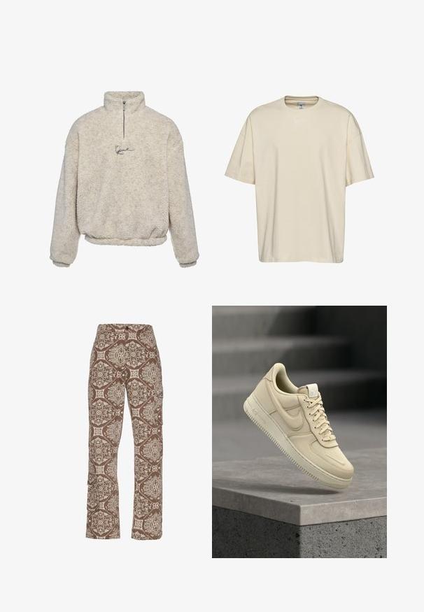 Krémový pulóver vyrobený z textúrovaného fleece, s polovičným zipsom a malým vyšitým logom vpredu.; Béžové bavlnené tričko s okrúhlym výstrihom, krátkymi rukávmi a voľným strihom. Má jemné biele vyšívané logo na hrudi.; Hnedé cargo nohavice s vzorom, ktoré majú zložitý krémový a svetlohnedý dizajn, sú vybavené bočnými vreckami a majú voľný strih.; Béžová teniska Nike Air Force 1 vznášajúca sa nad sivým betónovým okrajom s rozmazaným pozadím schodov.