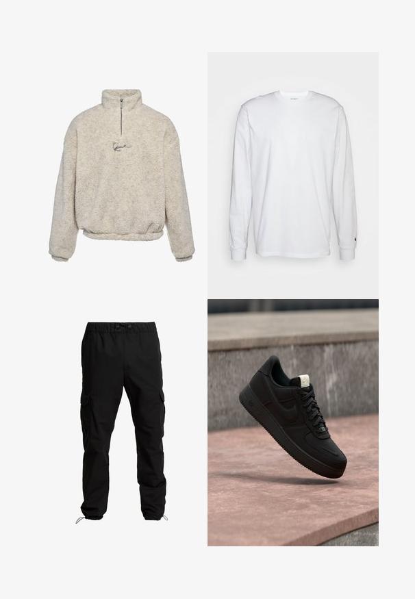 Krémový pulóver vyrobený z textúrovaného fleece, s polovičným zipsom a malým vyšitým logom vpredu.; Biela dlhá bavlnená tričko s dlhým rukávom. Dizajn s okrúhlym výstrihom a rebrovanými manžetami, malá nášivka na ľavom rukáve. Hladká textura.; Čierne cargo nohavice z odolného materiálu s elastickým pásom, nastavitelnými šnúrkami a bočnými vreckami s klopami.; Čierna teniska Nike Air Force 1 plávajúca nad ružovým betónovým okrajom so sivým kamenným pozadím, zobrazujúca bočné a horné detaily.