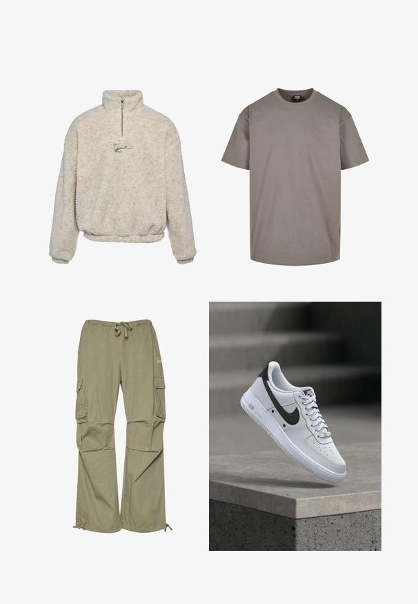 Κρέμα pullover από υφασμάτινη φλις, με μισό φερμουάρ στον γιακά και μικρό κεντητό λογότυπο μπροστά.; Γκρι βαμβακερή μπλούζα με στρογγυλή λαιμόκοψη, κοντά μανίκια και χαλαρή εφαρμογή. Λείος υφάσματος χωρίς ορατά σχέδια ή διακοσμητικά στοιχεία.; Cargo παντελόνια σε ελαιόλαδο πράσινο, κατασκευασμένα από ελαφρύ ύφασμα, με ελαστική μέση, ρυθμιζόμενα μανίκια και πολλές πλευρικές τσέπες.; Λευκό αθλητικό παπούτσι Nike Air Force 1 με μαύρο λογότυπο Swoosh, αιωρείται πάνω από μια τσιμεντένια άκρη με θολές σκάλες στο φόντο.