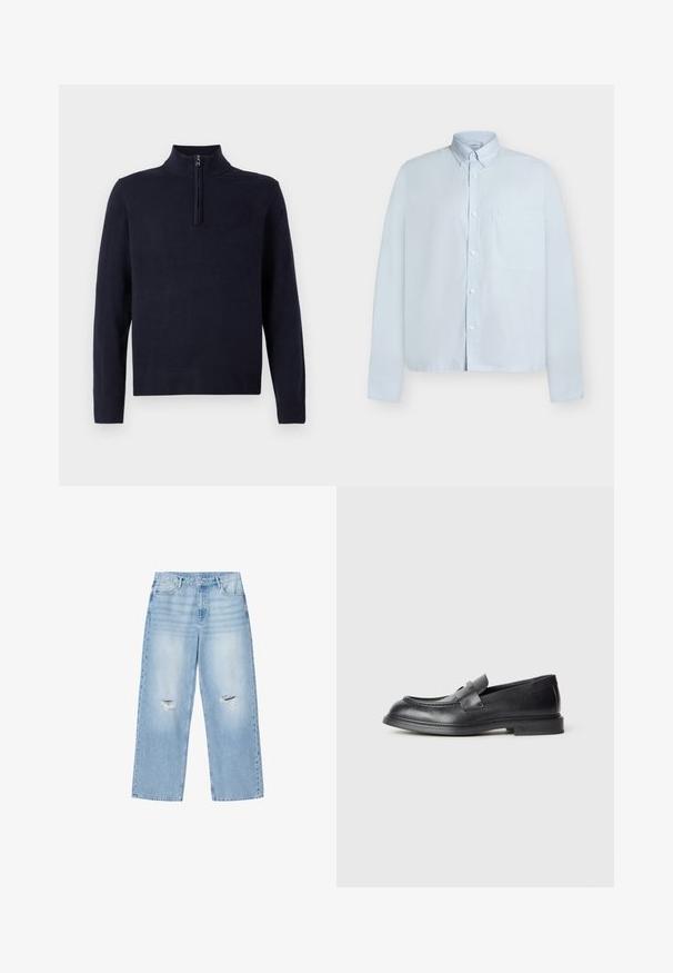 Pull bleu marine avec un col zippé à mi-hauteur, manches longues et bords côtelés. Texture lisse avec un détail de logo discret sur la poitrine.; Chemise bleu clair à manches longues avec boutons, col boutonné et une poche poitrine unique sur un fond uni.; Jeans bleu clair à jambes larges avec déchirures usées aux deux genoux, fermeture par bouton à l'avant, fermeture éclair et cinq poches.; Mocassins en cuir noir avec une finition texturée, dotés d'une bride décorative à l'avant et d'un bout arrondi. Semelle en caoutchouc pour plus de durabilité.