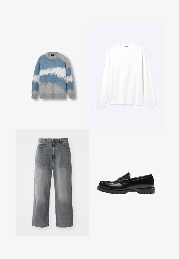 Strikket sweater i nuancer af blå og grå med et akvarelmønster, rund halsudskæring og løs pasform med ribkantede ærmer og kant.; Langærmet plain hvid skjorte med rund hals og ribkantede manchetter, vist på en neutral lys baggrund.; Grå denim wide-leg jeans med falmet tekstur, fem lommer og lukning med knap foran. Lige snit fra talje til kant.; Sort læderloafer med en kraftig gummisål og klassiske penny-strap detaljer, vist fra ydersiden.
