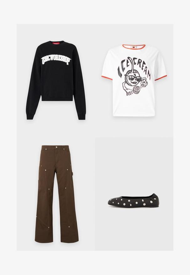 Sweatshirt noir en coton, avec une impression courbée blanche "038CWORKSHOP" sur la poitrine, des poignets côtelés et un col ras du cou.; T-shirt blanc avec bordure orange, illustré d'une cerise dessin animé portant des lunettes de soleil, tenant une boule de glace, avec le mot "ICE CREAM" au-dessus.; Pantalon droit marron avec poches avant et latérales, rivets argentés, passants de ceinture et fermeture par bouton sur fond blanc.; Chaussure ballerine noire à bride élastique à l'arrière, ornée de gros clous ronds argentés dispersés sur le dessus, vue de profil sur fond blanc.