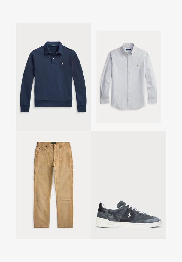 Polo Ralph Lauren LOOPBACK COLLARED SWEATSHIRT - Sweatshirt - cruise navy; Lyseblå og hvide lodrette stribede skjorte med lange ærmer, knapper foran, knappet krave og lille broderet logo på brystet.; Tan snedkerbukser med forstærkede knæ, flere lommer, bæltestropper og penselstavspletter, liggende fladt på en hvid baggrund.; Grå ruskinds sneaker med hvide snørebånd, en mørk panel med logo og en hvid gummisål. Rund tå med syningdetaljer.