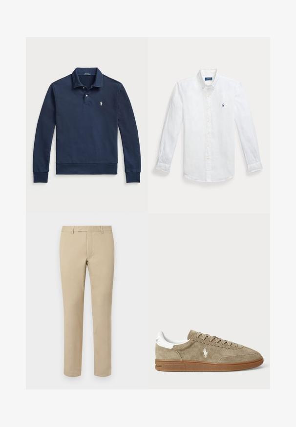 Polo Ralph Lauren LOOPBACK COLLARED SWEATSHIRT - Collegepaita - cruise navy; Valkoinen pellavainen pitkähihainen nappipaita, jossa on terävä kaulus ja vasemmassa rinnassa brodeerattu sininen logo. Varusteena napilla suljettavat hihansuut.; Beige puuvillahousut suoraan leikkauksella, joissa on vyölenkit, tasainen etuosa ja räätälöidyt helmat. Silkka tekstuuria ja minimaalista yksityiskohtaa.; Suede lenkkarit vaaleanruskeana, joissa on valkoisia yksityiskohtia, pyöreä kärki ja nauhakiinnitys. Varustettu kohokuvioidulla logolla ja kumipohjalla pidon parantamiseksi.