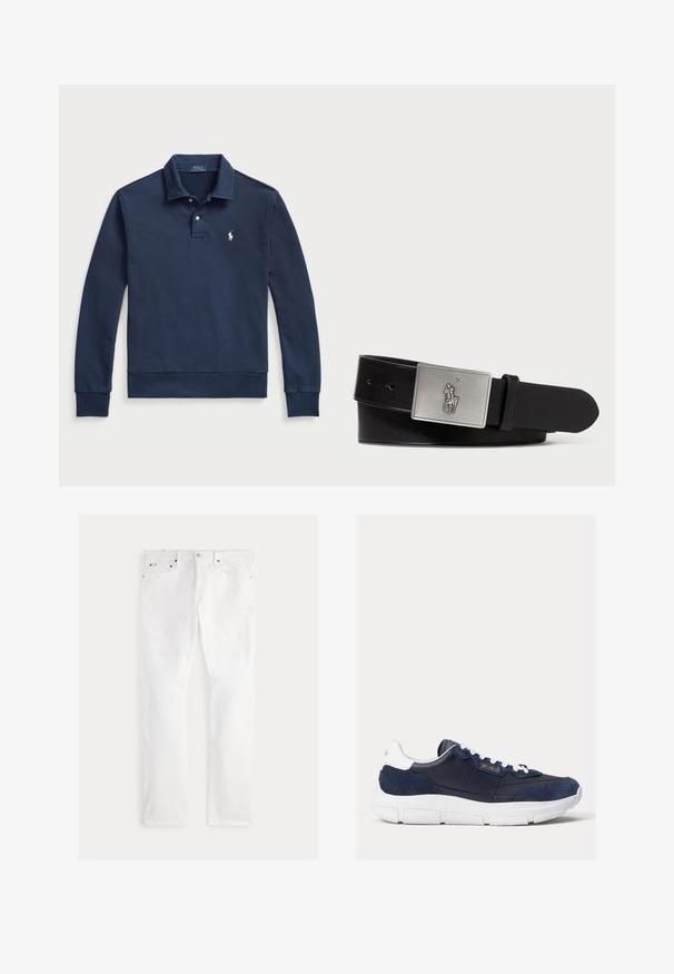 Polo Ralph Lauren LOOPBACK COLLARED SWEATSHIRT - Pusa - cruise navy; Valged teksapüksid sirgete säärtega, millel on viis taskut, vasksed riistvara detailid ja peened õmblused. Sile tekstuur ja puhas viimistlus.; Tumes sinised tossud, millel on sileda nahast ja sametise ülaosa kombinatsioon, valge kummist tald ning kontrastsed valged paelad, millel on logo aktsent küljepeal.; Must mustra nahkavöö, millel on ristküliku kujuline hõbedane metallist pandla, millel on reljeefne hobusemehe logo, sile pind ja viis vööauku.