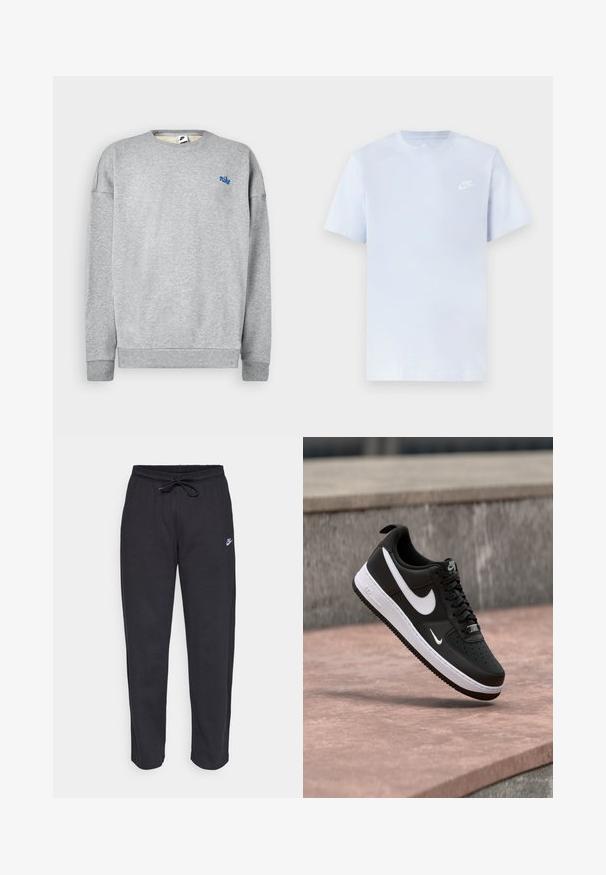 Grauer Sweatshirt aus einer weichen Baumwollmischung, mit Rundhalsausschnitt und gerippten Bündchen, versehen mit einem kleinen blauen Nike-Logo auf der Brust.; Hellblaue Baumwoll-T-Shirt mit kurzen Ärmeln, Rundhalsausschnitt und einem weißen Nike-Logo, das auf der linken Brust gedruckt ist. Glatte Textur, schlichtes Design.; Schwarze Sweatpants aus weichem Stoff mit elastischem Bund, Kordelzug und kleinem Nike-Logo auf dem linken Oberschenkel.; Schwarz-weißer Nike Air Force 1 Sneaker, der über einer rosa Betonfläche mit grauem Stein-Hintergrund schwebt.