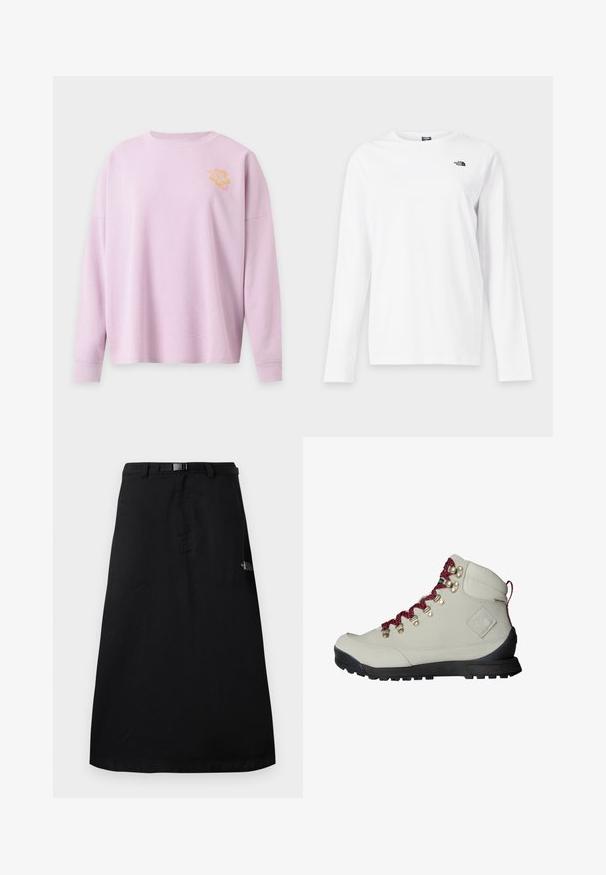 Pull rose clair à manches longues en maille gaufrée avec col rond et petit motif de fleur d’hibiscus jaune sur la partie supérieure gauche de la poitrine.; T-shirt blanc à manches longues avec col rond et petit logo noir The North Face sur le côté gauche de la poitrine.; Jupe midi noire avec ceinture à taille ajustable et logo The North Face sur le côté droit.; Botte de randonnée beige avec des lacets rouges, des œillets en métal et une surface texturée. Elle possède une semelle noire robuste et un détail de logo distinct sur le côté.