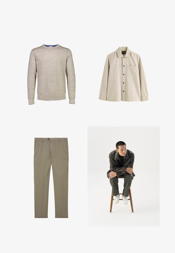 Suéter beige claro hecho de tela de punto texturizada. Presenta un cuello redondo con un acento azul en el interior del cuello. Mangas largas.; Camisa beige de manga larga con botones, cuello y un bolsillo en el pecho, hecha de una tela resistente.; Pantalones casuales beige con bolsillos laterales, cierre de botones y presillas para cinturón, exhibidos extendidos sobre un fondo blanco.; Joven con chaqueta de cuero oscura y vaqueros sentado en un taburete de madera, inclinado hacia adelante con los brazos cruzados, mirando hacia un lado contra un fondo blanco.