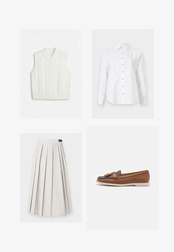 Veste sans manches blanche en tricot avec motif torsadé et encolure en V, emmanchures et ourlet côtelés.; Chemise blanche à manches longues avec un col pointu et des boutons marron clair au centre devant.; Longue jupe blanche plissée avec une fermeture latérale à boucle, présentée à plat sur un fond blanc.; Chaussure plate en cuir marron avec un accent textile gris et un détail de frange. Présente un bout rond et une semelle flexible de couleur claire.