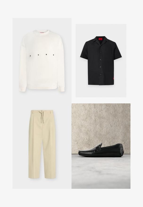 Sweat-shirt blanc à manches longues avec col rond, imprimé "HUGO" en lettres noires espacées sur la poitrine.; Chemise noire à manches courtes avec boutons, col camp et une étiquette rouge « HUGO » à l'intérieur de l'encolure ainsi qu'une petite étiquette rouge sur le bas côté.; Pantalon beige droit avec passants pour ceinture et nouage à l'avant, présentant un design épuré et ajusté ainsi qu'un tissu texturé.; Mocassins en cuir noir avec une finition brillante, bout rond et quincaillerie décorative à l'avant. Semelle en caoutchouc à profil bas. Texture lisse.