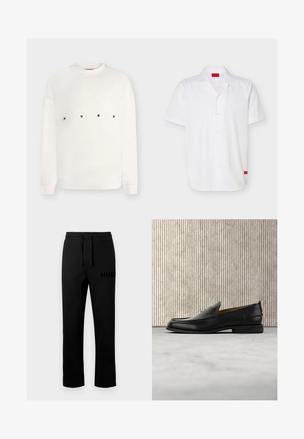 Sweat-shirt blanc à manches longues avec col rond, imprimé "HUGO" en lettres noires espacées sur la poitrine.; Chemise blanche à manches courtes avec col camp, dotée d'étiquettes rouges du logo Hugo à l'intérieur du col et à l'ourlet inférieur.; Pantalon de survêtement noir avec une ceinture élastique, un cordon de serrage et un petit logo "HUGO" embossé sur le côté gauche. Texture lisse, coupe droite.; Mocassin pour homme en cuir noir avec un dessus embossé effet croco et un petit talon, présenté de profil sur un fond neutre.